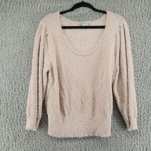 Marled Sweater Womens XL Tan Shimmer Eyelash Puff 3/4 Sleeve Scoop Neck